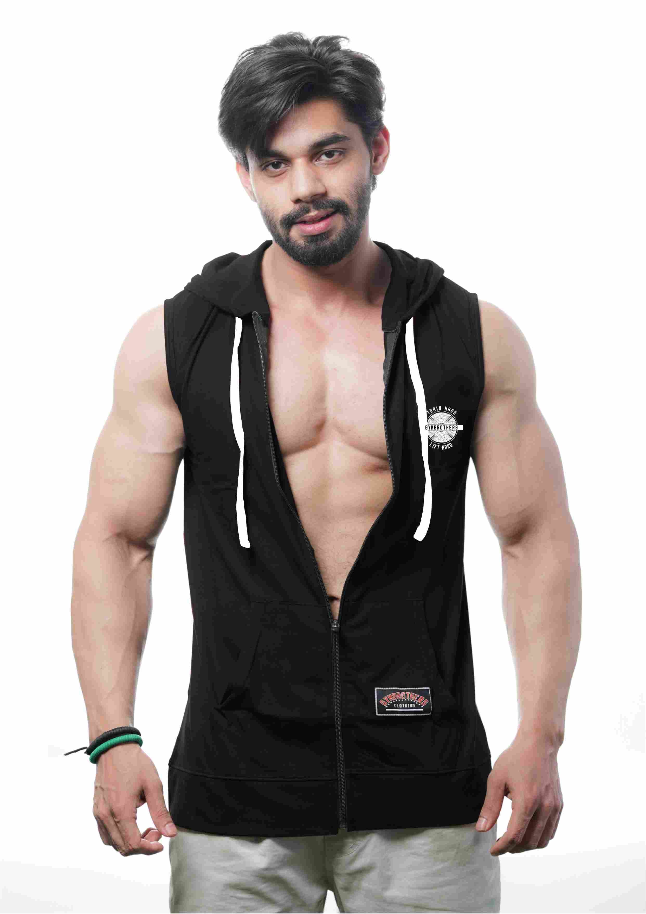 TRAIN HARD Men's Sleeveless Zip Hoodie (BLACK) – Gymbrothers
